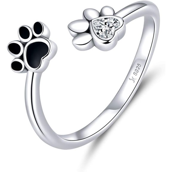 Cute Puppy Dog Cat Pet Paw Print Ring Sterling Silver 925 for Women Adjustable Fake CZ Diamond Animal Footprint Finger Wrap Band Promise Engagement Rings Fashion Jewelry