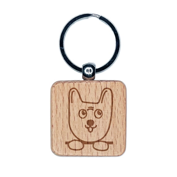 Cute Puppy Dog Doodle Face and Paws Square Keychain Charm Tag - Engraved Wood