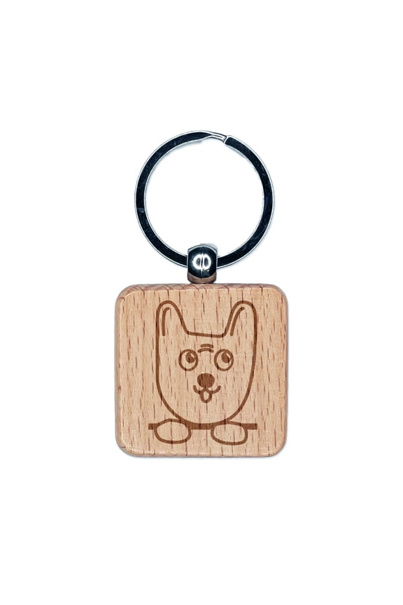 Cute Puppy Dog Doodle Face and Paws Square Keychain Charm Tag - Engraved Wood