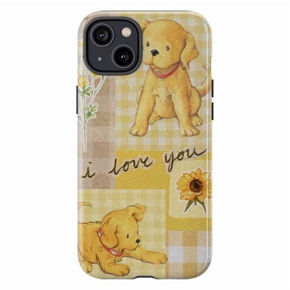 Cute Puppy Dog Phone Case, Vintage Yellow Patchwork Design, Adorable Artistic Protective iPhone Cover for iPhone 16 15 14 13 12 11 Pro Plus Mini