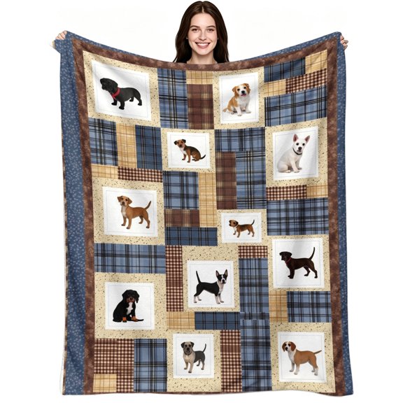 Cute Puppy Dog Themed Plaid Patchwork, Soft Warm Flannel Fleece, Rustic Farmhouse Patchwork, Throw Blanket, Cozy Warm, Home Decor, Couch Sofa Bed, All Gift