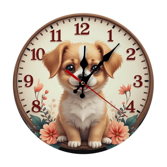 Cute Puppy Dog Wall Clock 10 Inch Silent Non Ticking Round Clock Decoration for Living Room Kitchen Bedroom Bathroom Office Classroom
