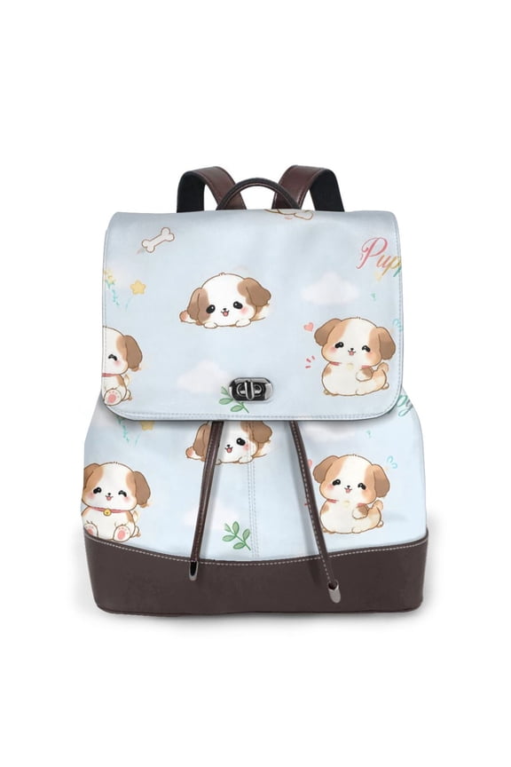 Cute Puppy Dog Women's Leather Backpack All-Over Print Bag for Work and Travel