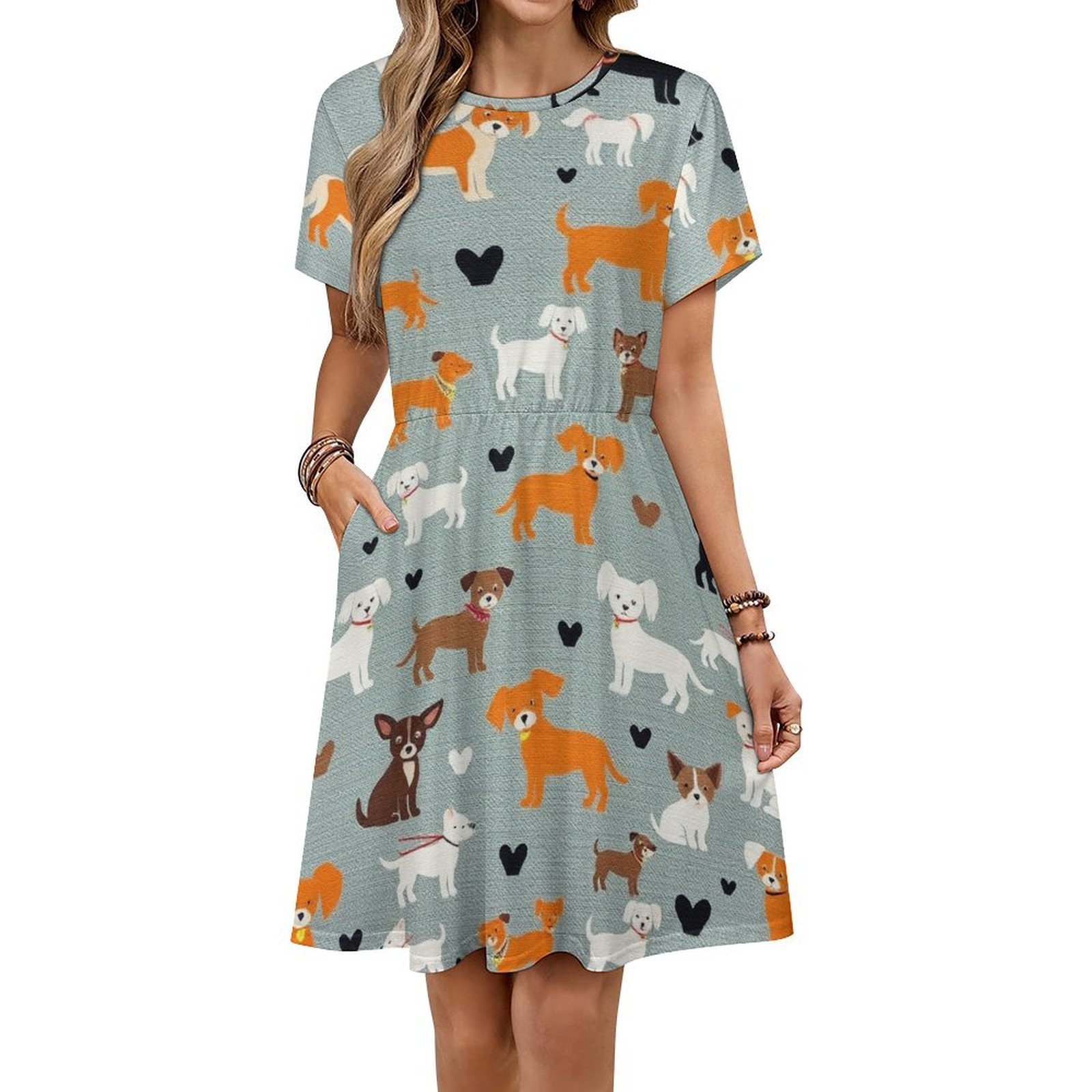 Cute Puppy Fabric Print Dress Fashion Beach Short Sleeve Dresses Female ...