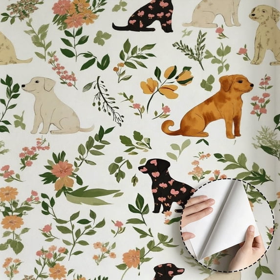 Cute Puppy Floral Wallpaper Boho Quirky Farmhouse Self Adhesive and Removable Waterproof Home Decor for Living Room Bedroom Bathroom Kitchen Cabinet Drawer Dorm Room 17.7 * 118 in