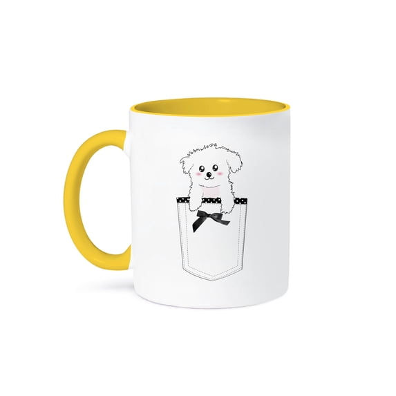 3dRose, Cute puppy in pocket with black ribbon bow - white girly cartoon dog kawaii anime style - adorable, 15oz Two-Tone Yellow Mug