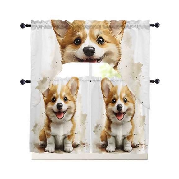 Cute Puppy Kitchen Curtains Swag Valance and Tier Curtains Set 24 Inch Length, Simple Funny Brown Dog Animal Portrait Rod Pocket Drape Panels Pair Swag Curtain for Bathroom/Cafe/Window