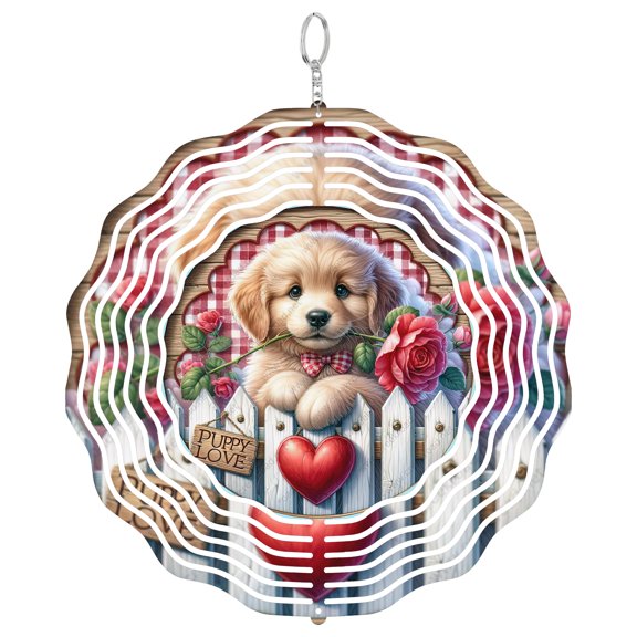 Cute Puppy Love Red Rose 3D Wind Spinner Kinetic Art Stainless Steel Laser Cut Valentine Dog Lover Round