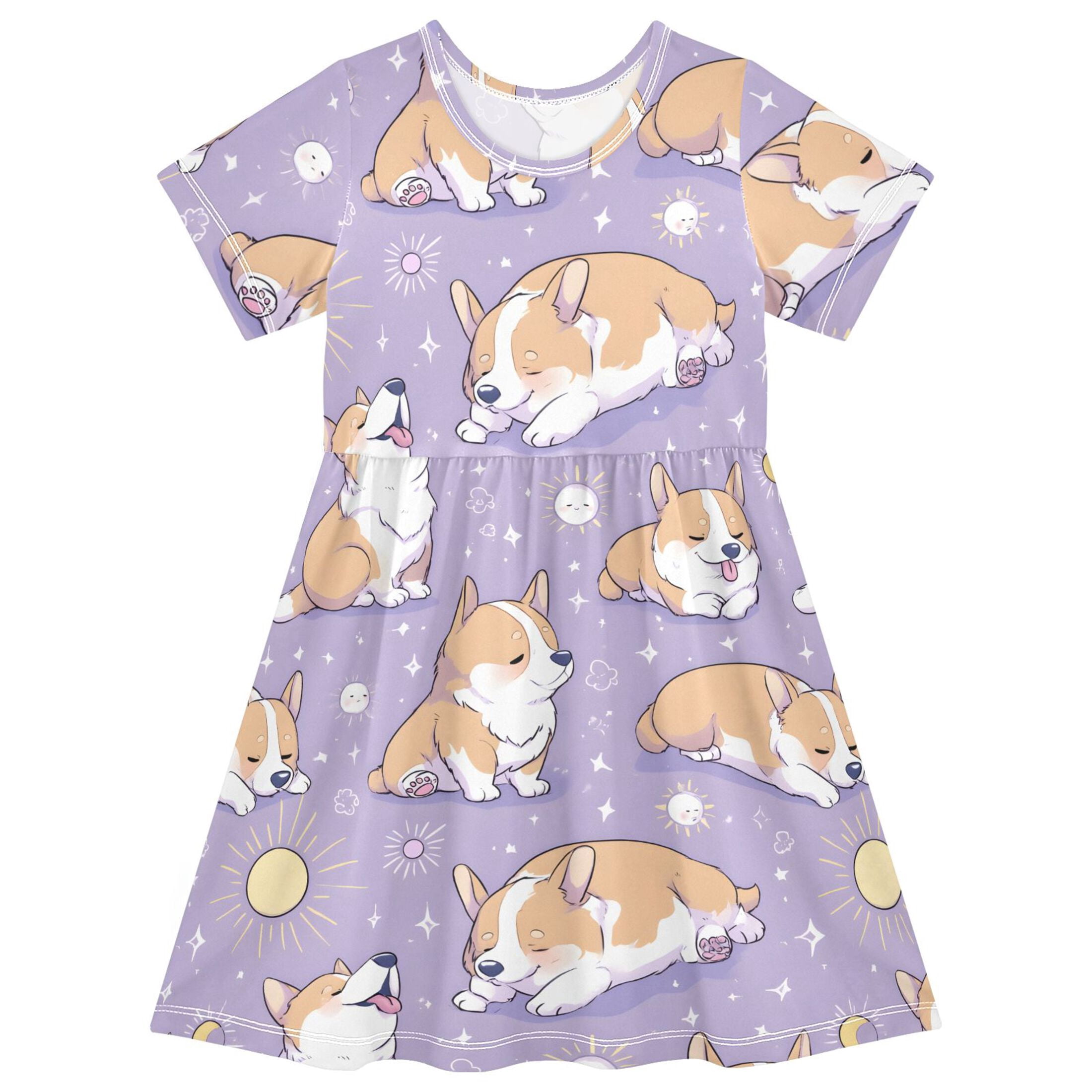 Cute Puppy Pattern Girls Short Sleeve Dress A Line Sun Protection ...