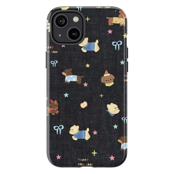 Cute Puppy Pattern Phone Case, Adorable Cartoon Dogs Design on Black, Fun Protective Cover for iPhone 16 15 14 13 12 11 Pro Plus Max Mini