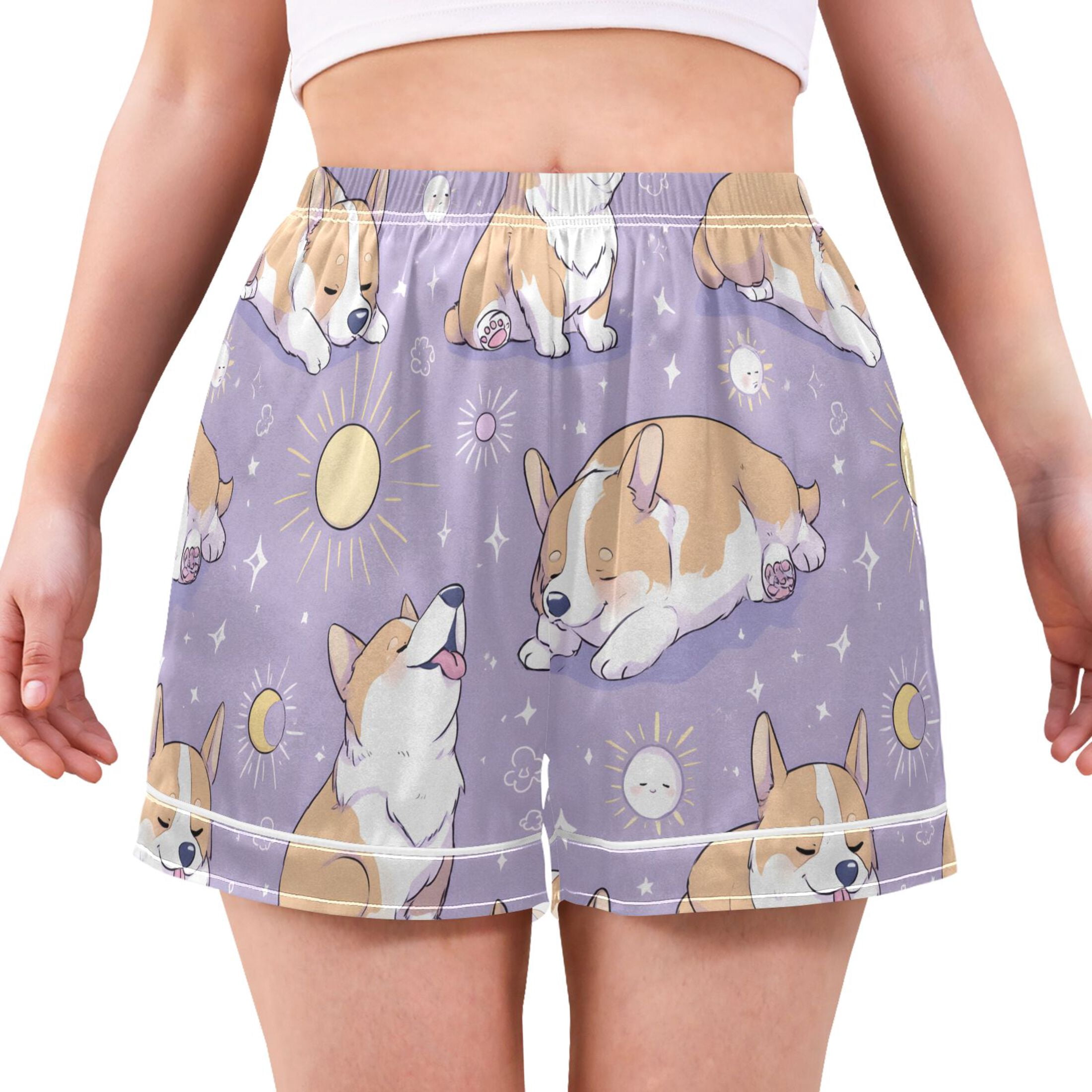 Cute Puppy Pattern Women's Pajama Shorts Silky Satin Casual Lounge ...