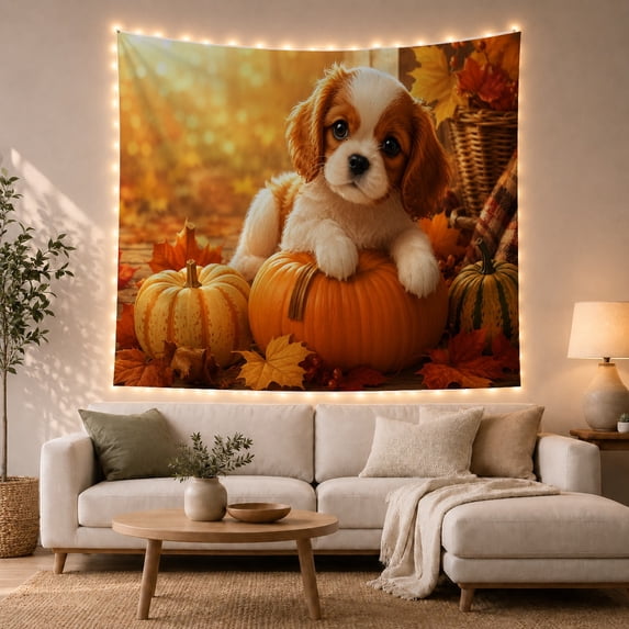 Cute Puppy on Pumpkin with Maple Leaves, Cozy Rustic Style for Dog Lovers, Harvest Wall Art, Housewarming Gift, Tapestry Wall Hanging for Bedroom, Living Room and Entryway