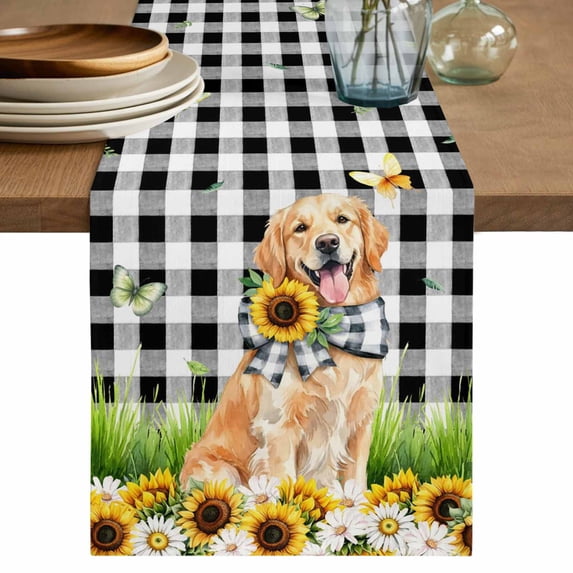 Cute Puppy Sunflowers Table Runner 90 Inches, Farmhouse Eucalyptus Black White Bed Runner Dresser Scarves Tabletop for Indoor Outdoor Parties/Ceremony/Banquet, 13" x 90"