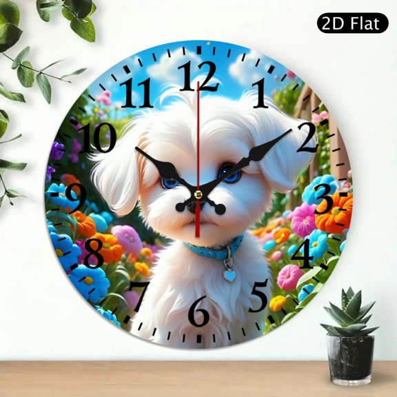 Cute Puppy Wall Clock, Adorable Fluffy Dog with Blue Eyes in Flower Garden Design, Round 10x10 Inch Decorative Timepiece for Home Decor, 1pc, Battery Not Included