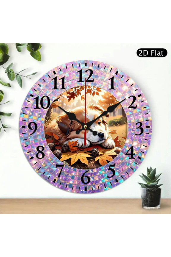 Cute Puppy Wall Clock Autumn Maple Leaves Digital Print 10x10 Inch Round Decorative Clock for Home Decor Battery Not Included 1pc