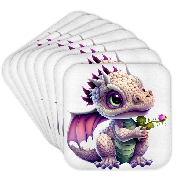 Cute Purple And Green Baby Dragon Holding A Flower Illustration, set of 8 Coasters - Soft