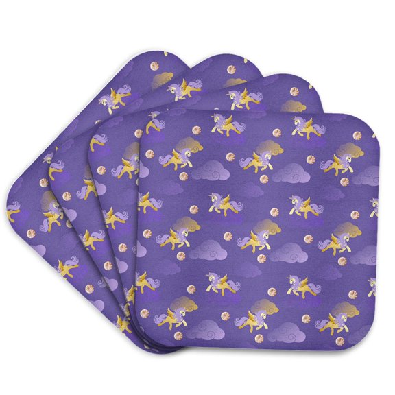3drose, Cute Purple and Image of Gold Unicorns and Clouds Pattern, Set of 4 Coasters - Soft