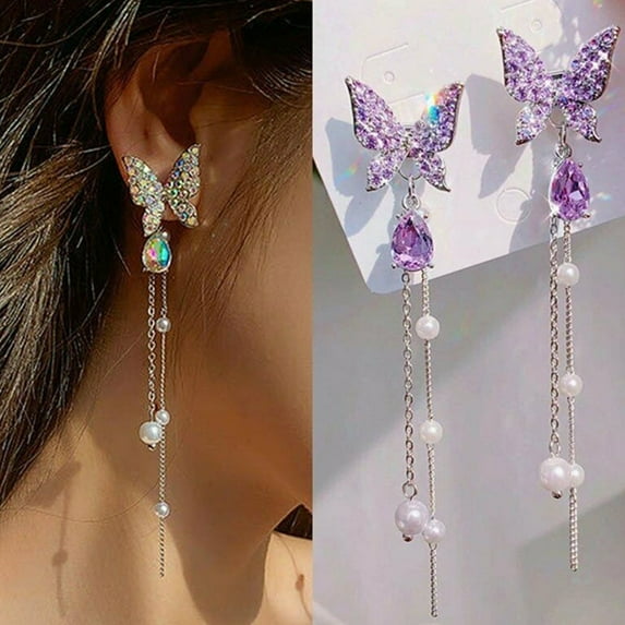 Cute Purple Butterfly Earrings for Women Rhinestone Butterfly Pearl tassel Dangle Earrings for Everyday or Special Occasions