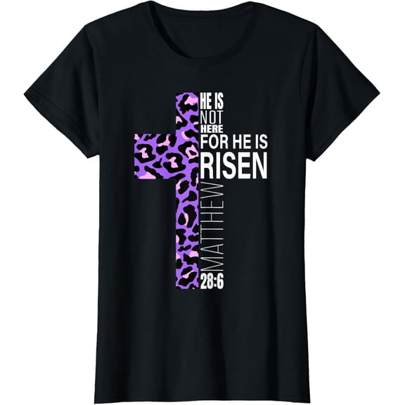Cute Purple Christian Verse Cheetah Print Easter He Is Risen T-Shirt100% cotton