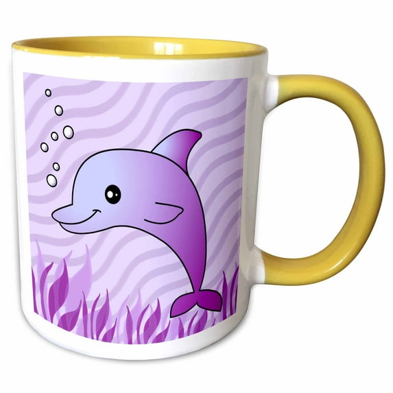 3drose, Cute Purple Dolphin Purple Ocean, 11oz Two-tone Yellow Mug