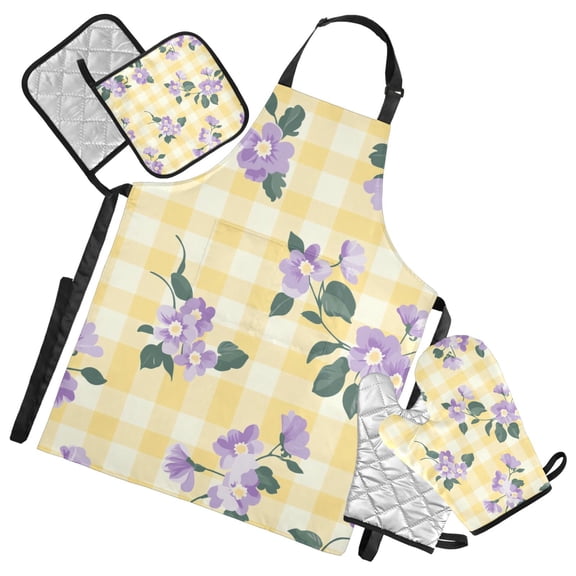 Cute Purple Flowers Leaves Yellow Plaids Apron Set with Oven Mitts Pot Holders Set of 5 Kitchen Stuff Accessories