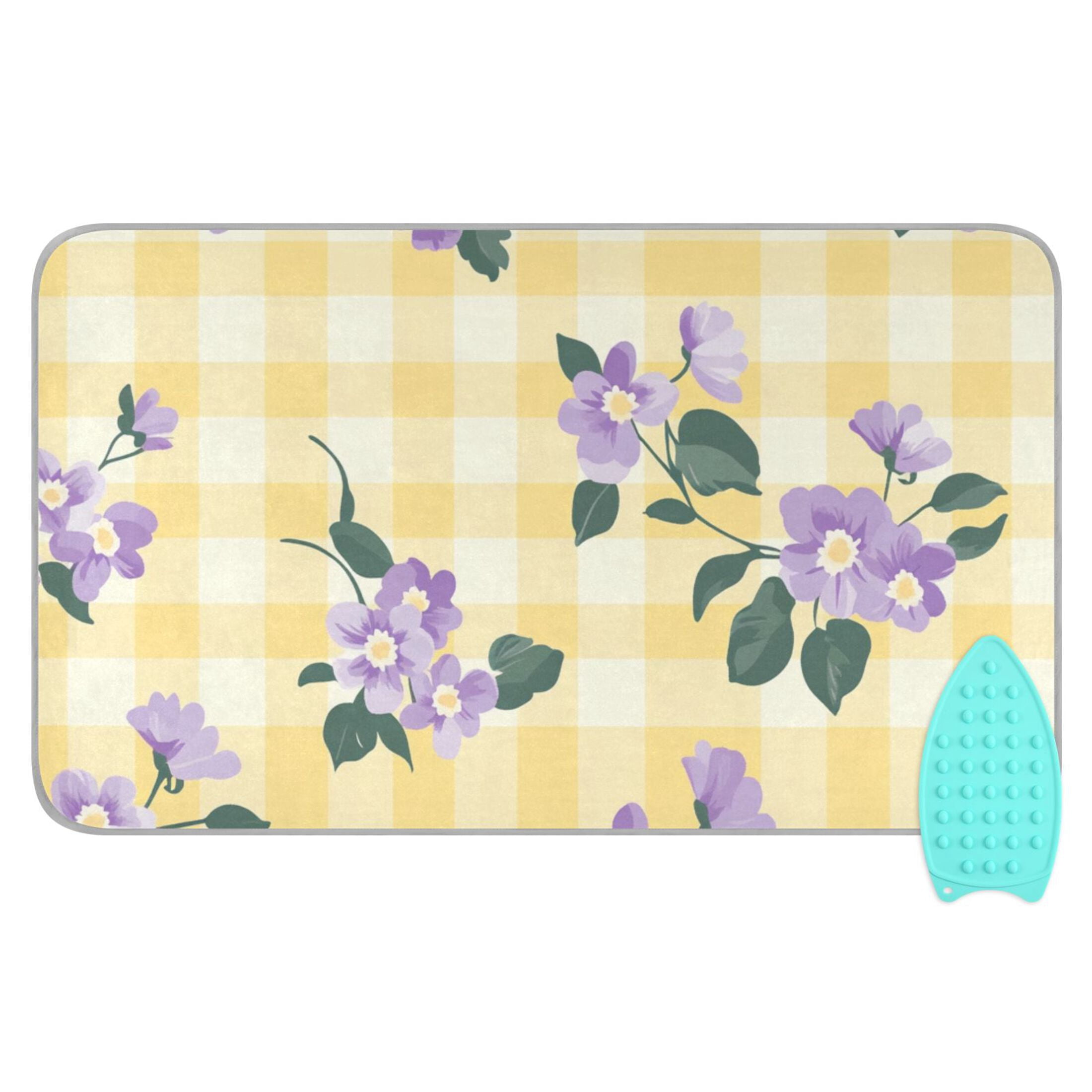 Cute Purple Flowers Leaves Yellow Plaids Ironing Mat Blanket Portable Travel Ironing Pad Heat Resistant Pad 47.2" x 27.6”