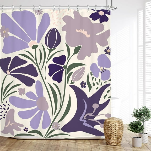 Cute Purple Lavender Shower Curtain Boho Abstract Matisse Floral Modern Plant Flowers Leaves Retro Bathroom 72Wx72L Inches Bath Accessories Art Home Decor Fabric 12 Pack Hooks