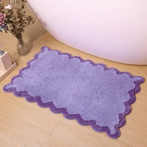 Cute Purple Scalloped Bath Mat, Fun Plush Microfiber Scallop Bathroom Rugs Non Slip Washable Quick Dry Absorbent, Bath Rug Carpet for Shower Stall Vanities Kitchen Floor Entrance, 20x32