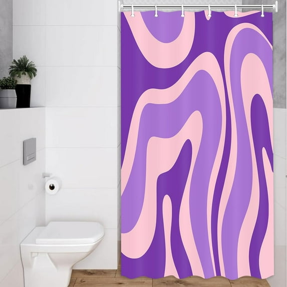 Cute Purple Shower Curtain, Aesthetic 70s Abstract Wavy Swirl Shower Stall Curtain Set with Hooks, Retro Boho Funky Bathroom Accessories Fabric Bath Curtains 36 x 72 Inch