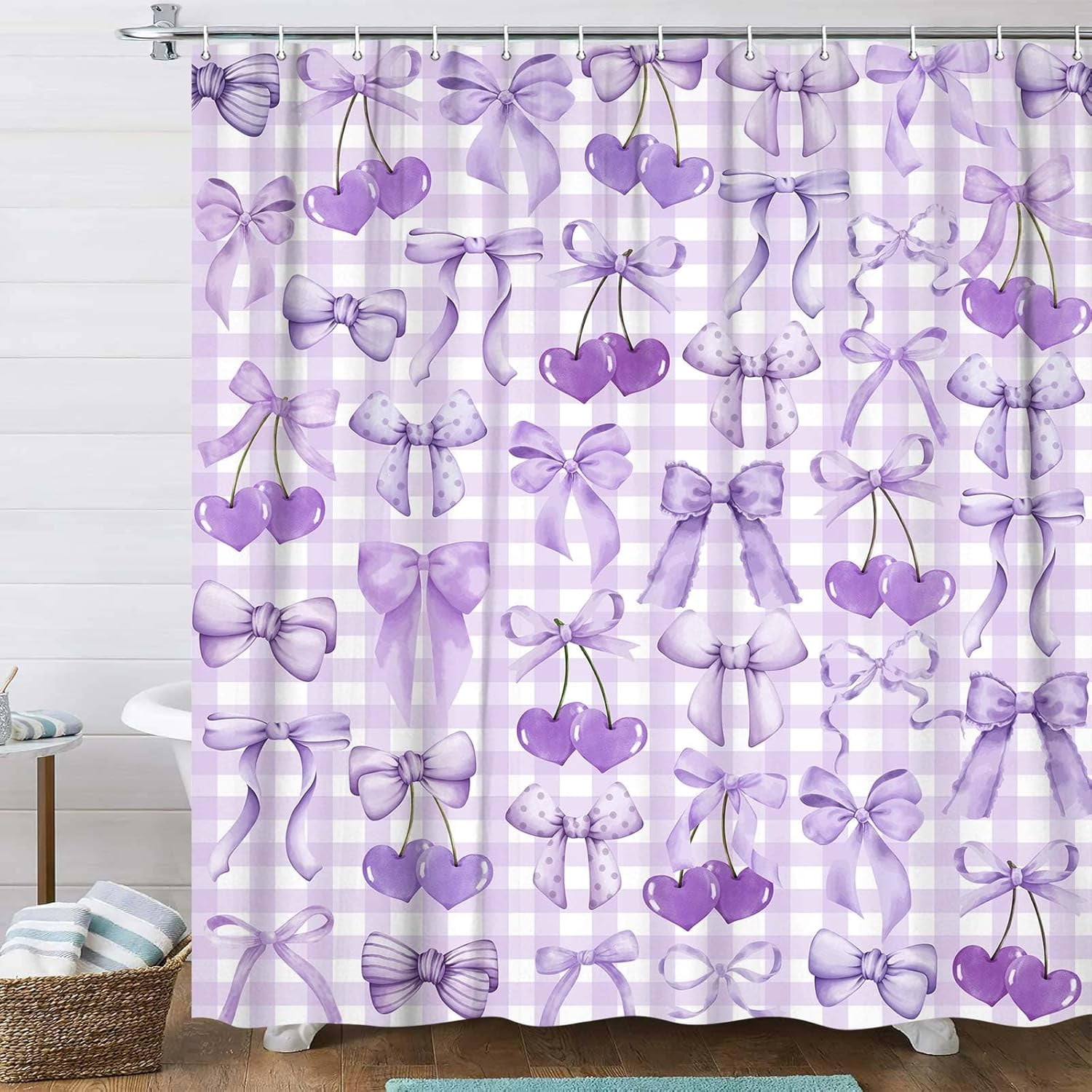 Cute Purple Shower Curtain Modern Aesthetic Coquette Bow Pretty Bathroom Decor for Girls Teens Fabric Waterproof Polyester Bathroom Decor Set with Hooks,60X72