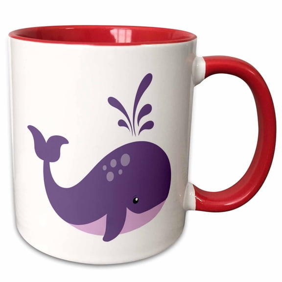 3drose, Cute Purple Spouting Whale Illustration, 11oz Two-tone Red Mug
