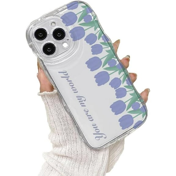 Cute Purple Tulip Flowers Wavy Frame Clear Phone Case Compatible with iPhone Case (Clear,iPhone 14)