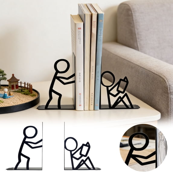 Cute Pushing & Holding Metal Bookends Black Abstract Figure Design Book Ends Desktop Book Holder for Home & Office