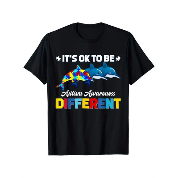 Cute Puzzle Dolphin It's Ok to Be Different Autism Awareness T-Shirt, Men's quality black cotton T-shirt, not fading, Micro elastic, 180g, perspiration breathable, size S-XXXL