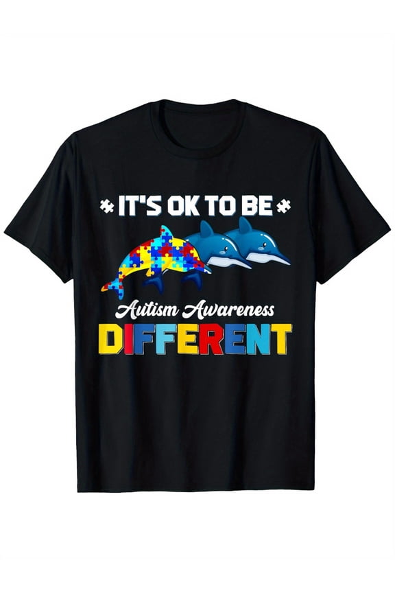 Cute Puzzle Dolphin It's Ok to Be Different Autism Awareness T-Shirt, Men's quality black cotton T-shirt, not fading, Micro elastic, 180g, perspiration breathable, size S-XXXL