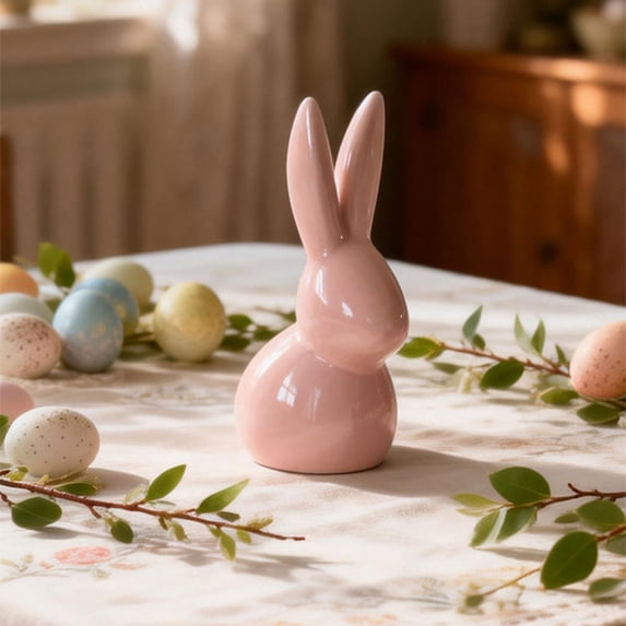 Cute Q-Style Ceramic Easter Bunny – Large Pink Tabletop Decoration for Coffee Table & Desk (Ceramics)