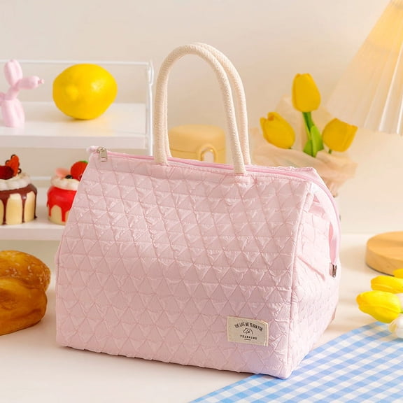Cute Quilted Insulated Lunch Tote Bag for Women, Small Aesthetic Yellow or White Lunch Box with Handle, Soft Waterproof Lunchbag for Work, School, Picnic