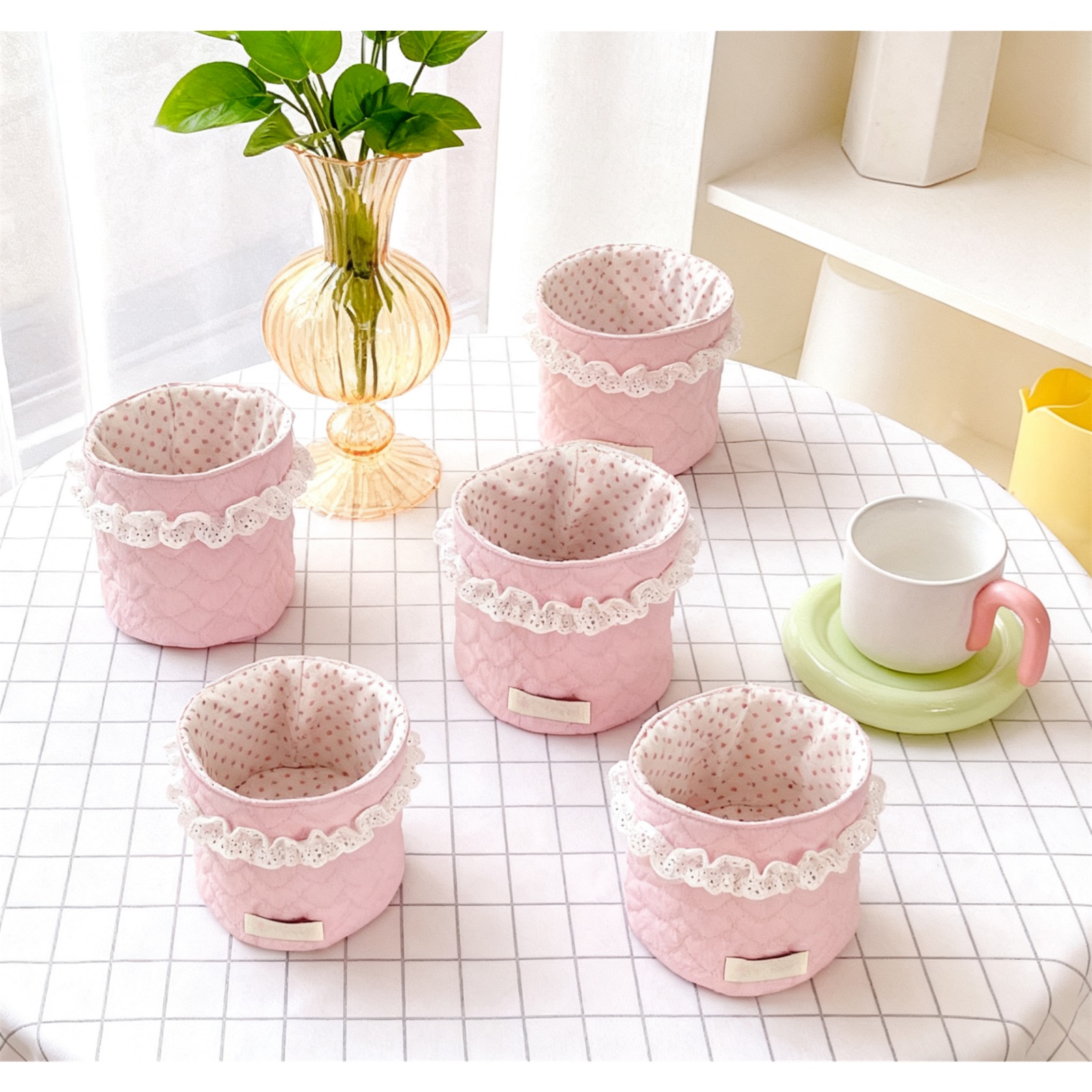 Cute Quilted Makeup Storage Weaving Basket, Home Organizers, Multifunctional Large Capacity Storage Basket, Desktop Storage Organizer for Home Office, Toiletries Basket,5PCS