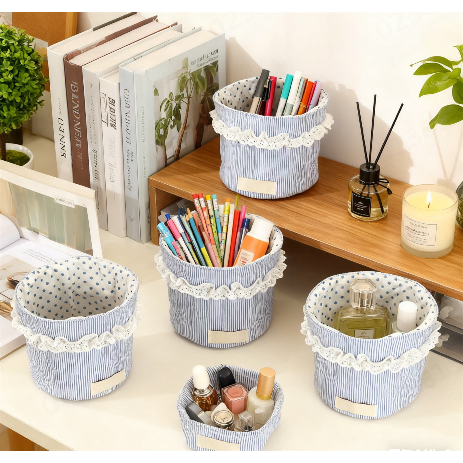 Cute Quilted Makeup Storage Weaving Basket, Home Organizers, Multifunctional Large Capacity Storage Basket, Desktop Storage Organizer for Home Office, Toiletries Basket,5PCS