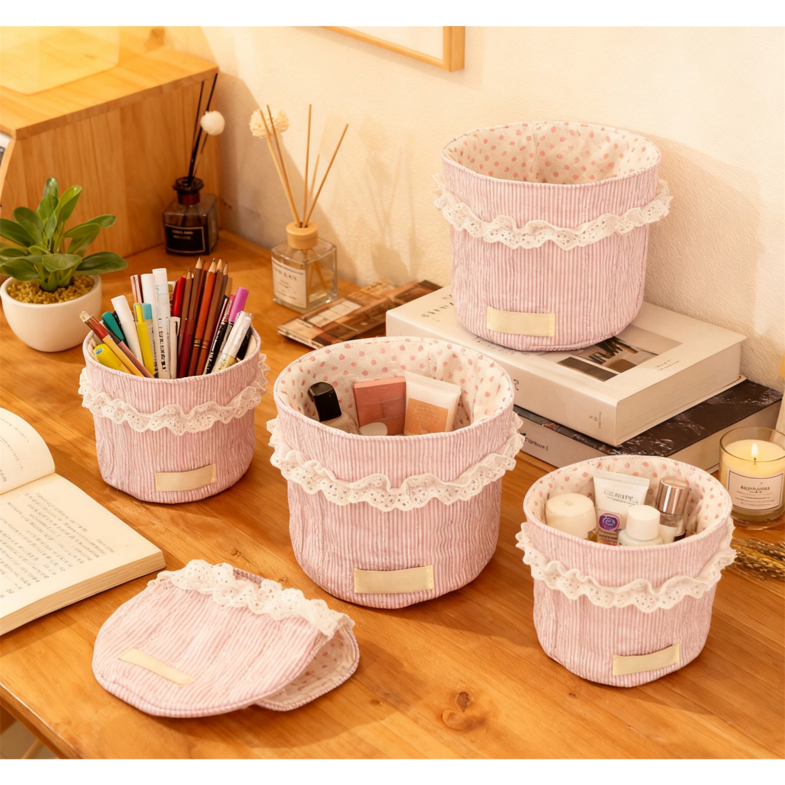 Cute Quilted Makeup Storage Weaving Basket, Home Organizers, Multifunctional Large Capacity Storage Basket, Desktop Storage Organizer for Home Office, Toiletries Basket,5PCS