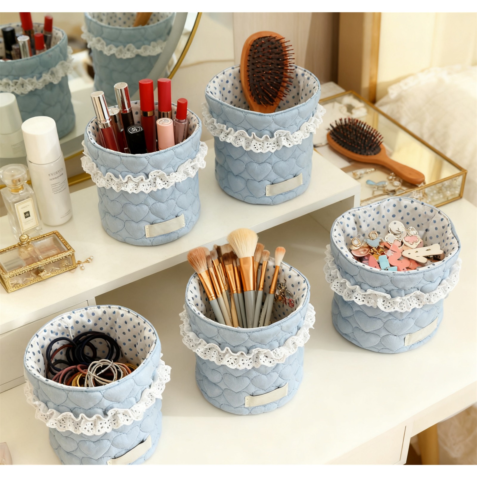 Cute Quilted Makeup Storage Weaving Basket, Home Organizers, Multifunctional Large Capacity Storage Basket, Desktop Storage Organizer for Home Office, Toiletries Basket,5PCS