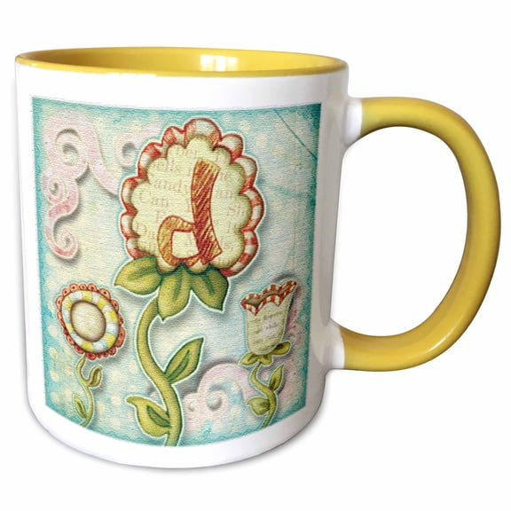 3drose, Cute Quirky Flowers Monogram Letter D, 11oz Two-tone Yellow Mug