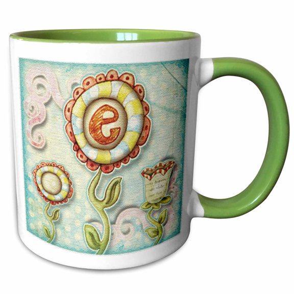 3drose, Cute Quirky Flowers Monogram Letter E, 11oz Two-tone Green Mug