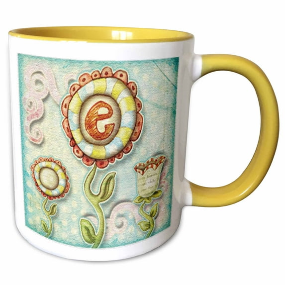 3drose, Cute Quirky Flowers Monogram Letter E, 15oz Two-tone Yellow Mug