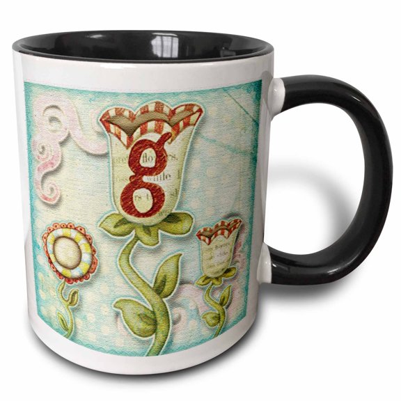 3drose, Cute Quirky Flowers Monogram Letter G, 11oz Two-tone Black Mug