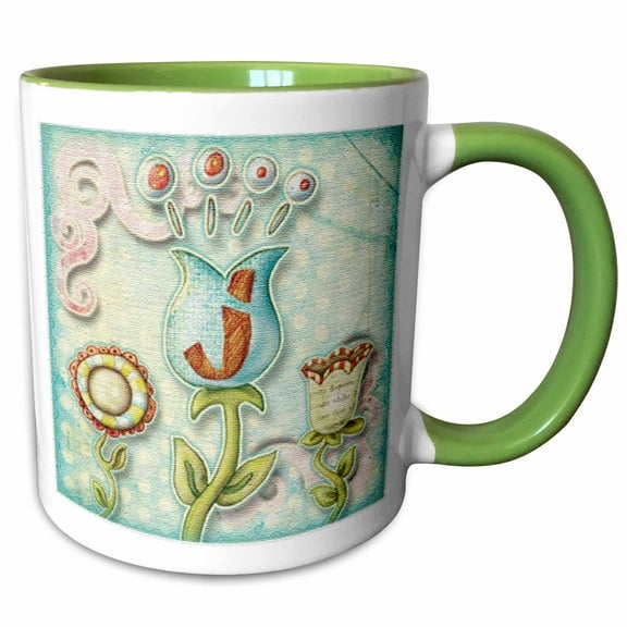 3drose, Cute Quirky Flowers Monogram Letter J, 11oz Two-tone Green Mug