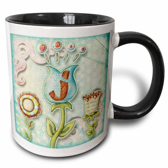 3drose, Cute Quirky Flowers Monogram Letter J, 15oz Two-tone Black Mug