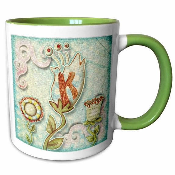 3drose, Cute Quirky Flowers Monogram Letter K, 15oz Two-tone Green Mug