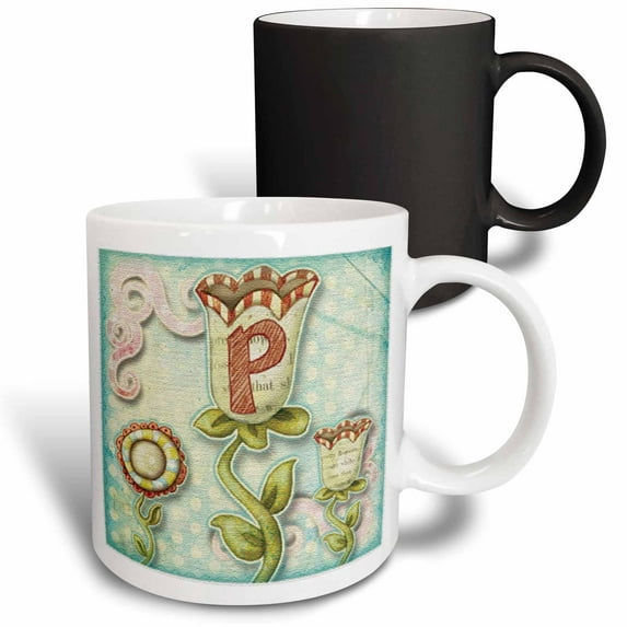 3drose, Cute Quirky Flowers Monogram Letter P, 11oz Magic Transforming Mug
