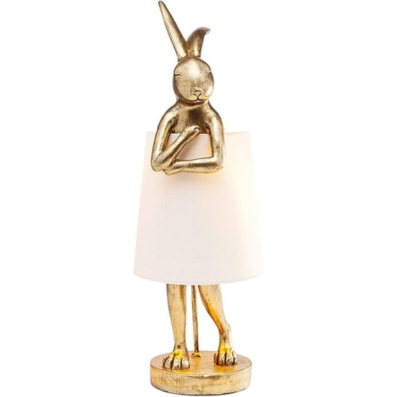 Cute Rabbit Animal Table Lamp, Creative Resin Apron LED Desk Light,White/Black Linen Shade,15.7", Home Decor Eye Protection Lamp Office Study Bedside Lamp